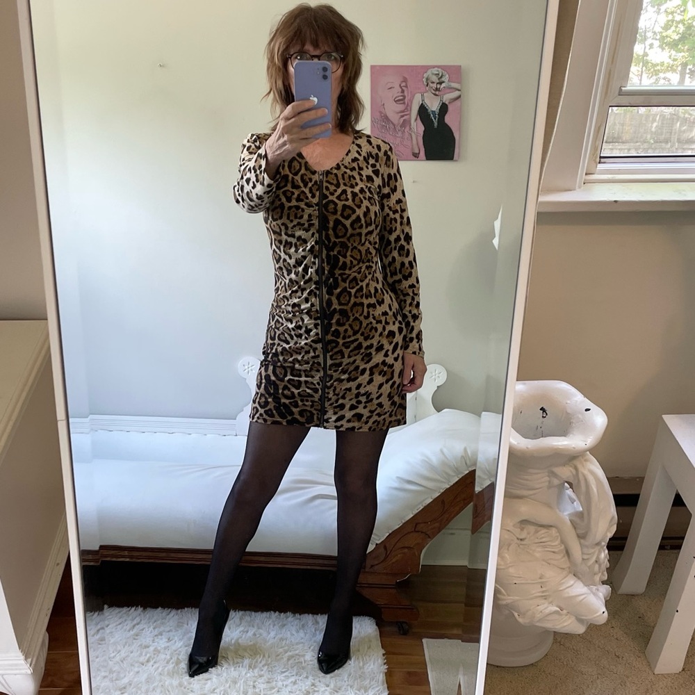 BROWN BLACK CREAM LEOPARD PRINT LOMG SLEEVE DRESS EXPOSED ZIPPER FRONT CLOSURE
